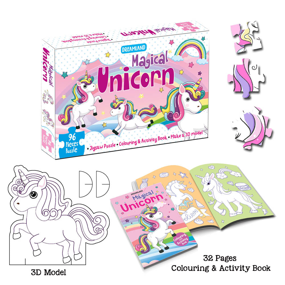 Dreamland Publications Magical Unicorn Jigsaw Puzzle for Kids – 96 Pcs | With Colouring & Activity Book and 3D Model
