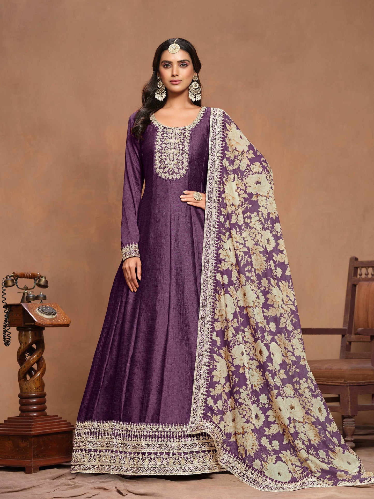 Anaita Purple Embroidered Art Silk Anarkali Suit