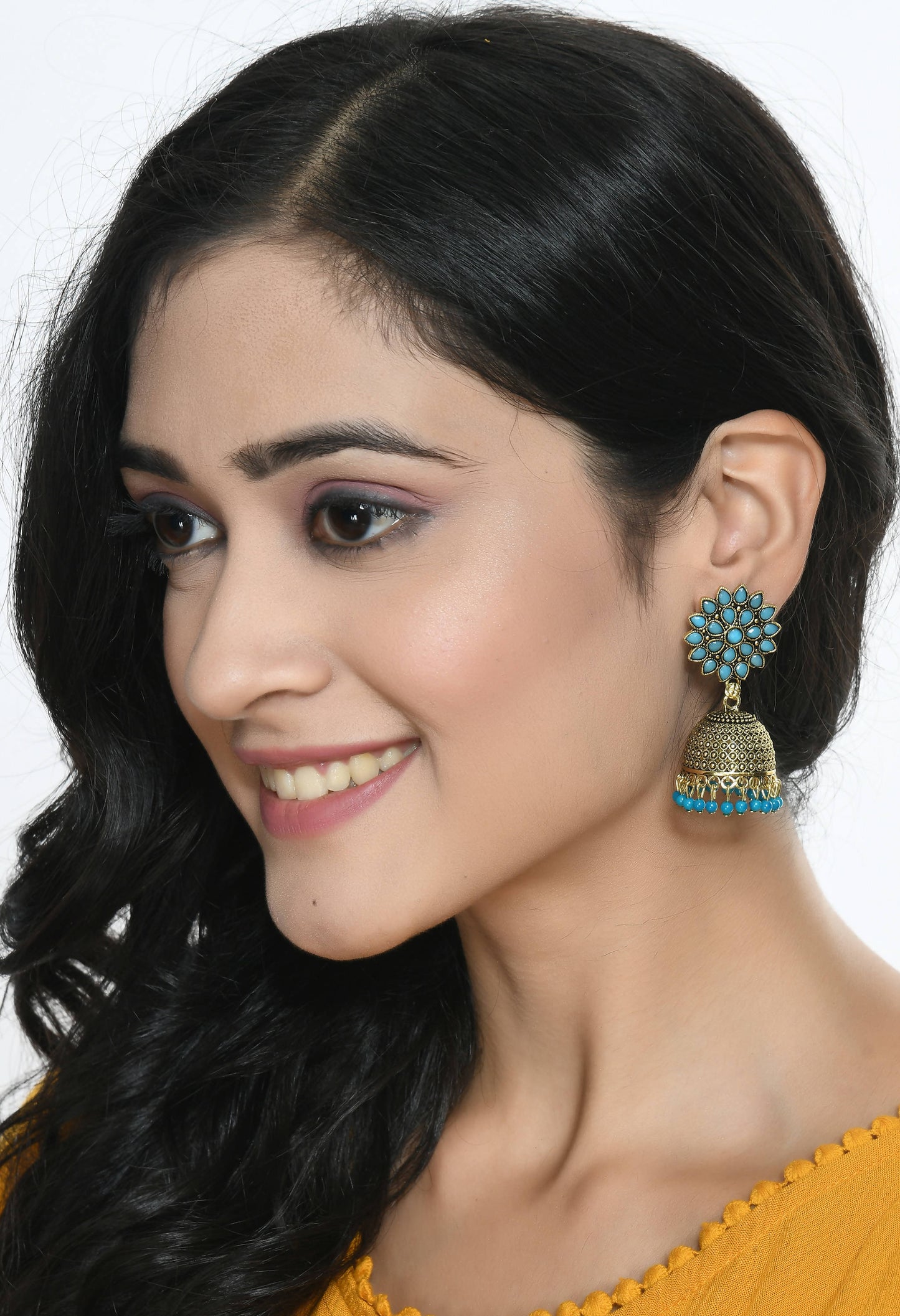 Mominos Fashion Johar Kamal Beautiful Kundan Work Jhumka With Sky Blue Beads