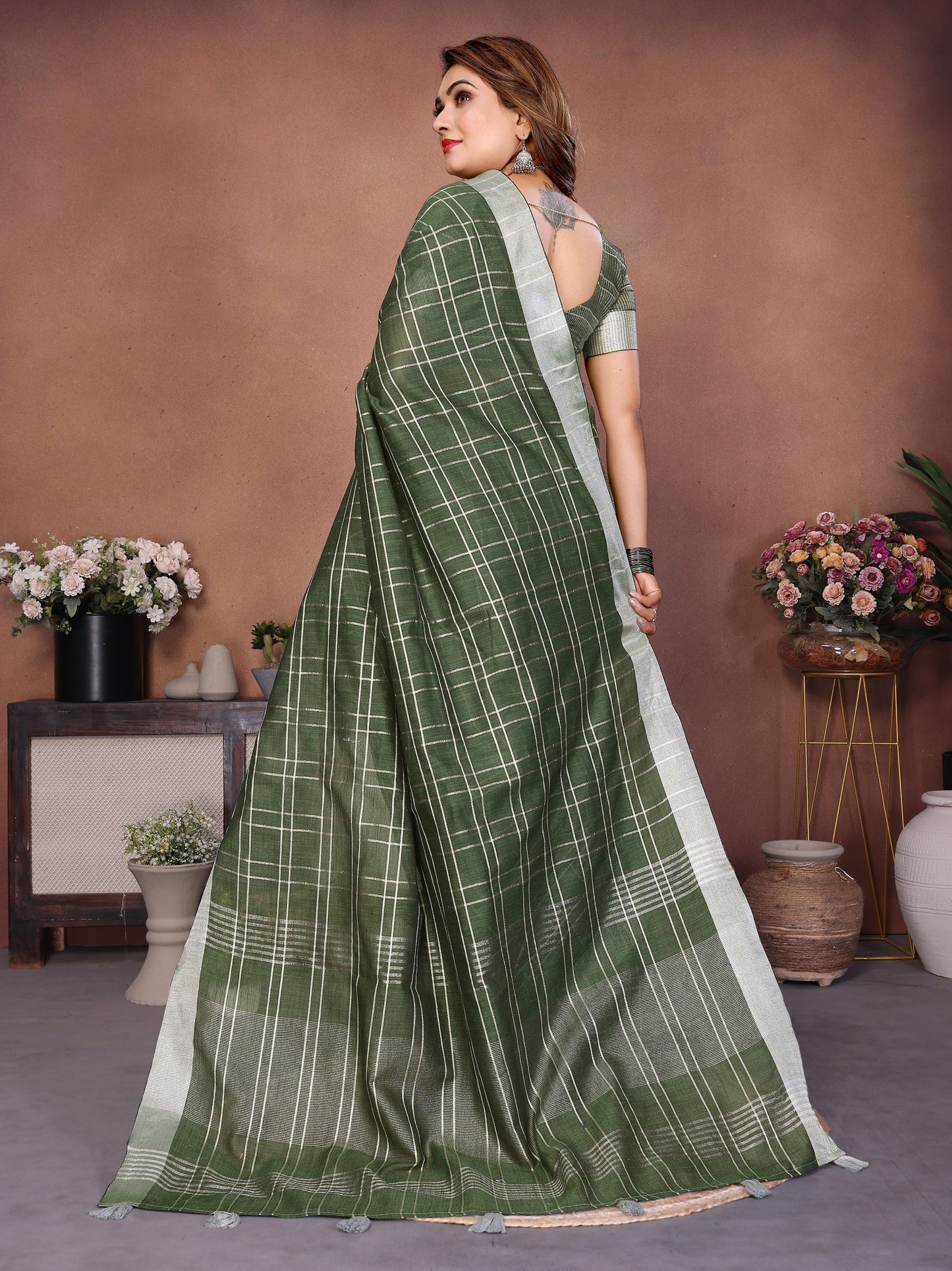 Anaita Green Weaving Linen Cotton Saree With Blouse