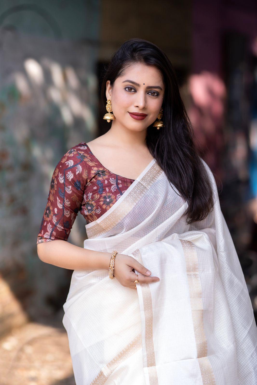 White Silk Blend Kalamkari Saree with Unstitched Blouse - A2M