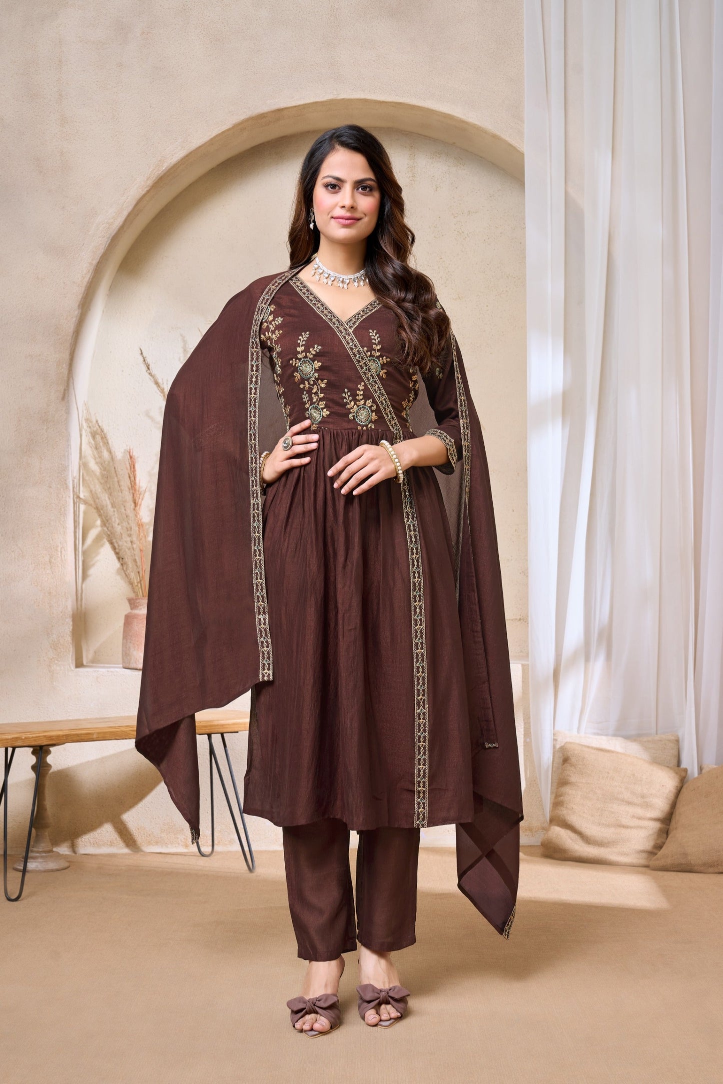 Anaita Coffee Anarkali Readymade Suit with Embroidery Work