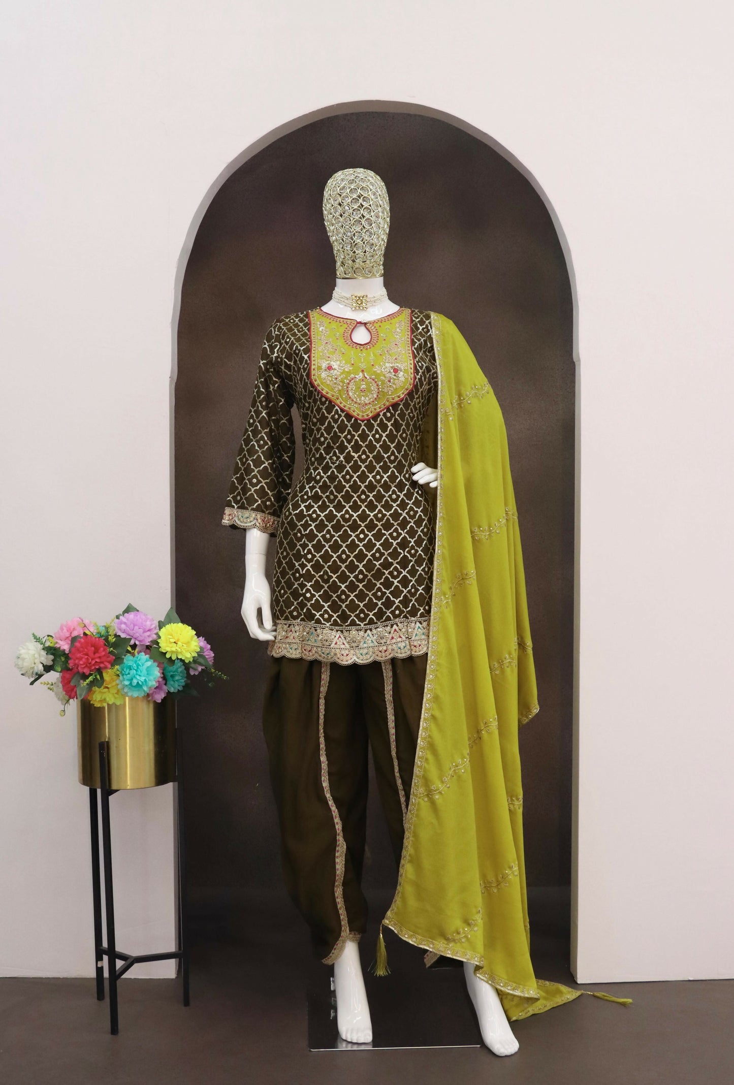 Anaita Mehndi Embroidered Silk Stitched Dhoti Suit