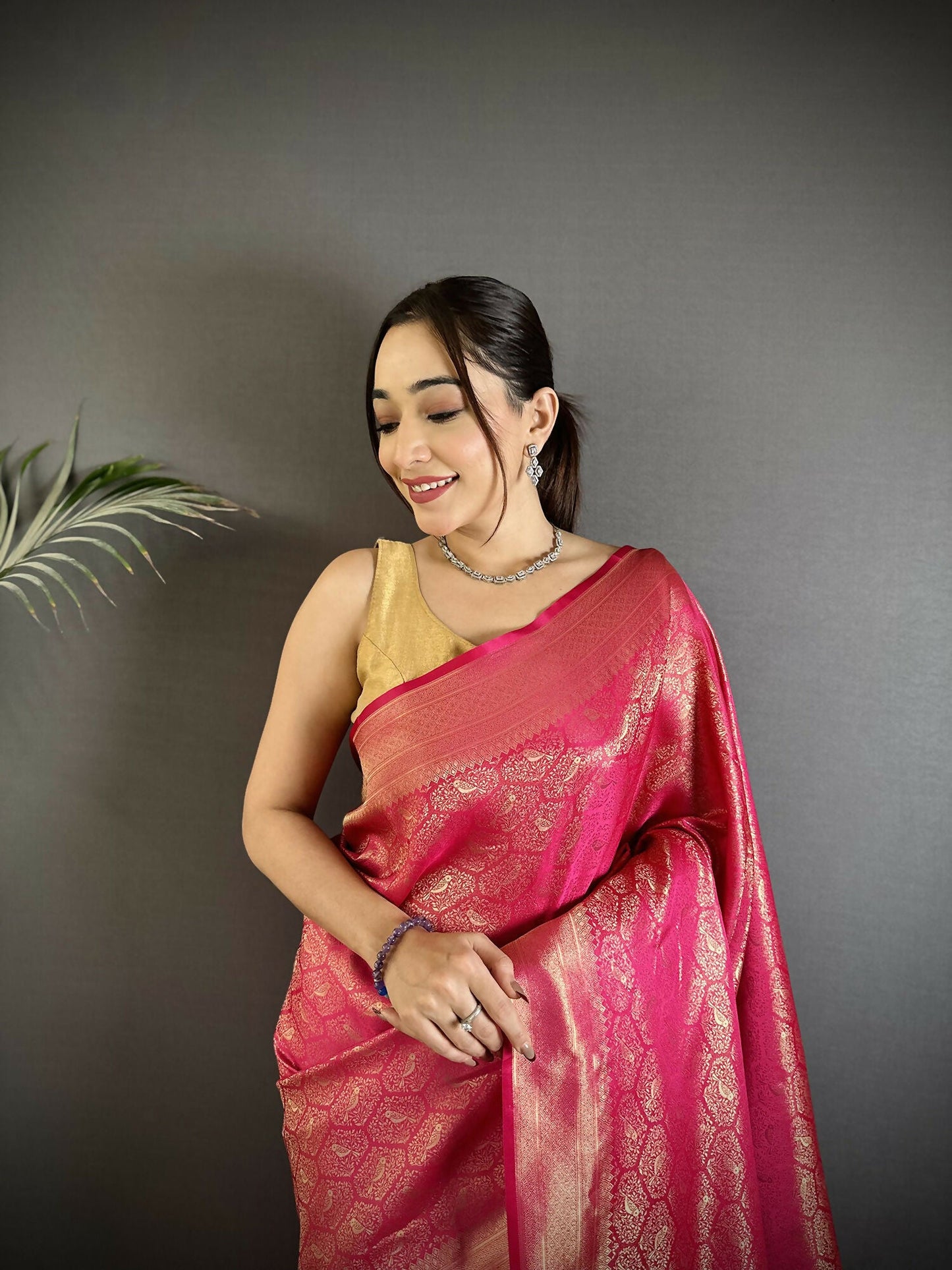 Joban Fashion Rani Pink Paisley & Floral Soft Satin Silk Banarasi Silk Saree