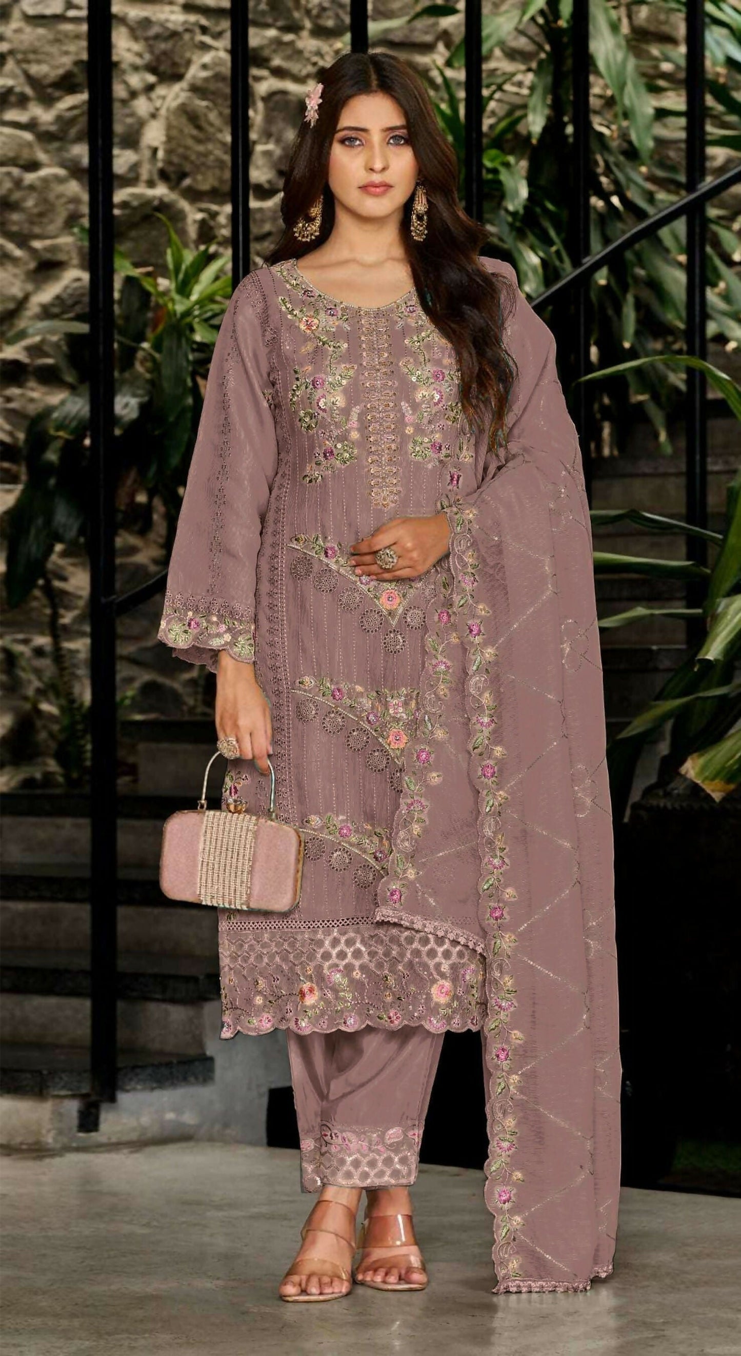Anaita Peach Fox Georgette Stitched Suit with Embroidery Sequins & Khatli Work