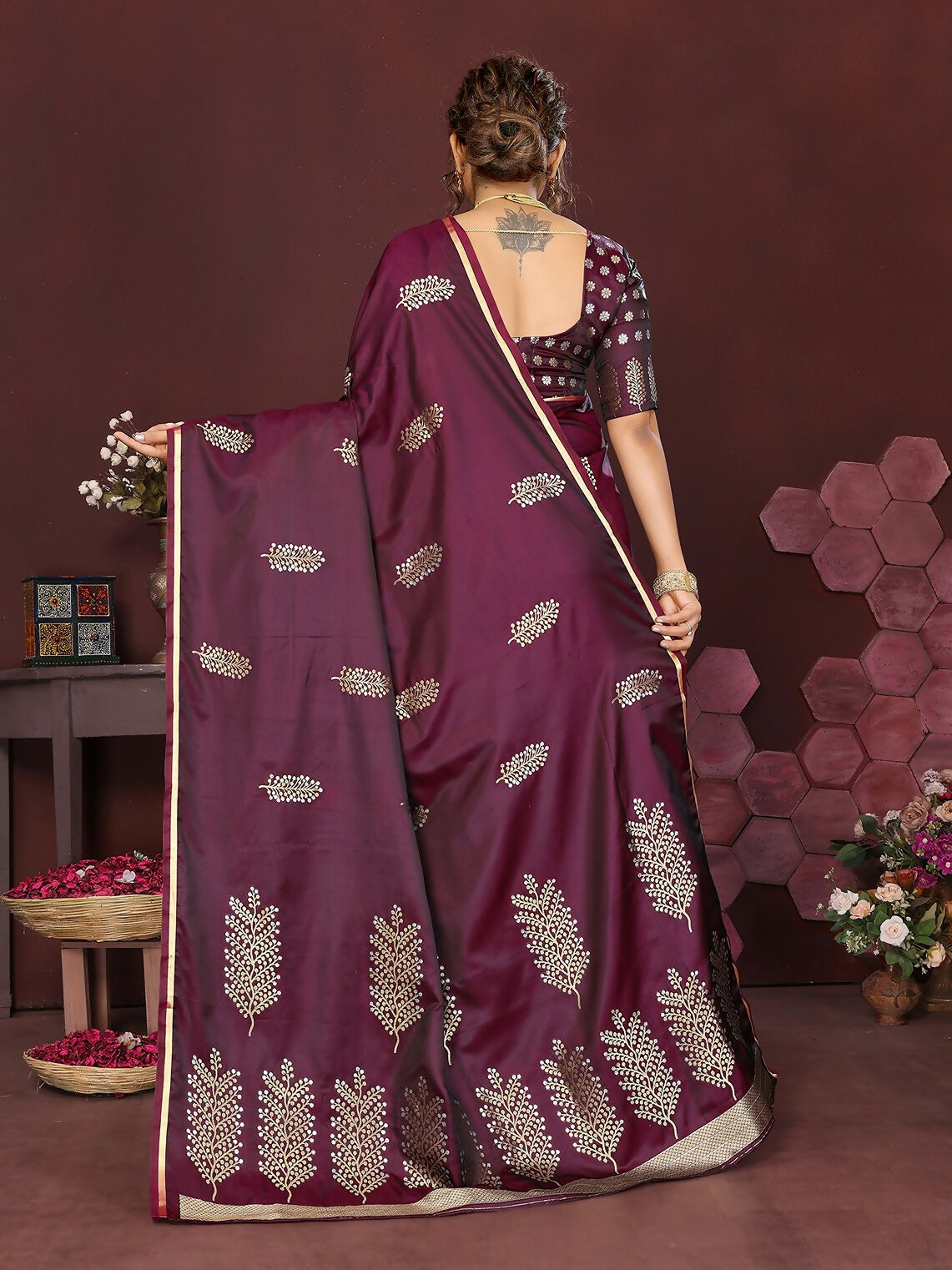 Joban Fashion Wine Floral Motifs Banarasi Silk Sarees