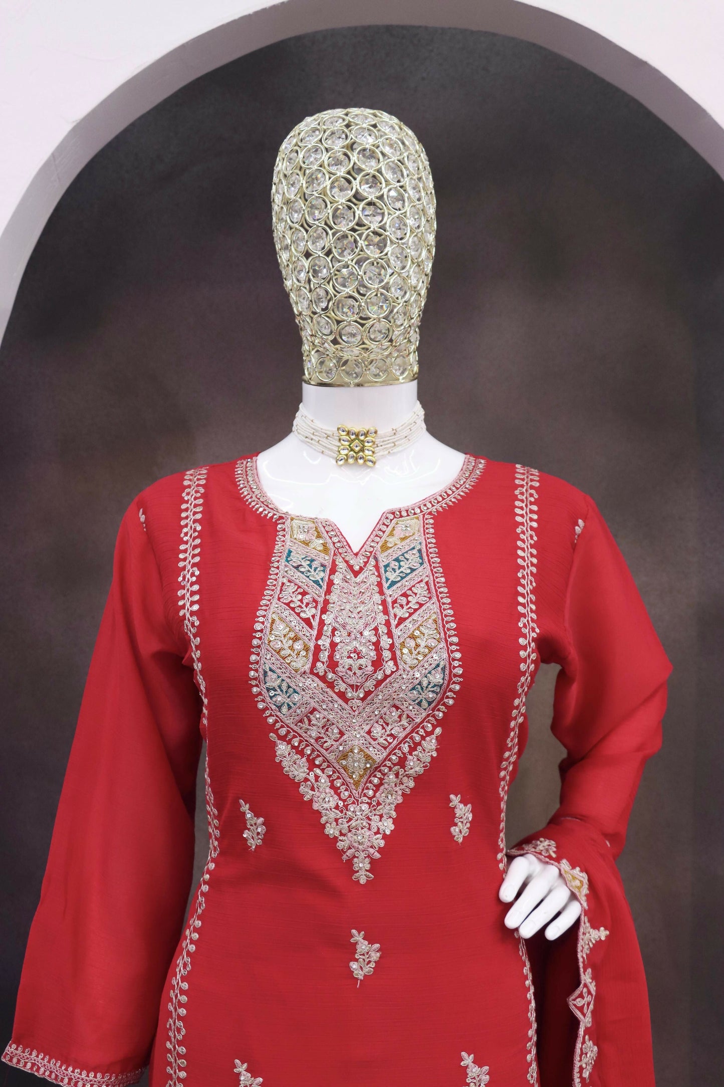 Anaita Red Heavy Chinon Readymade Suit with Embroidery & Sequence Work
