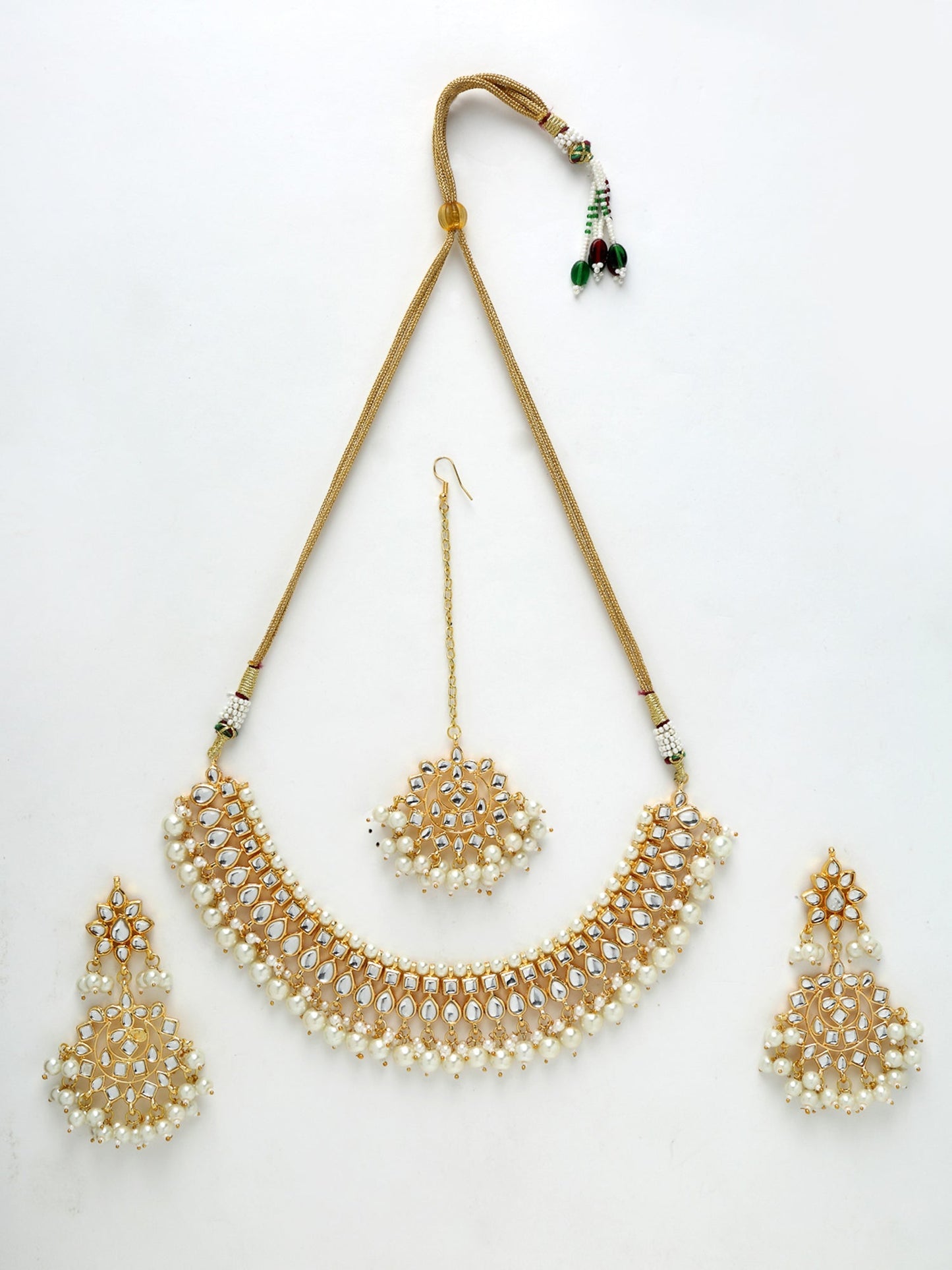 Gold-Polished Kundan Choker With Earrings & Maang Tika - Ruby Raang