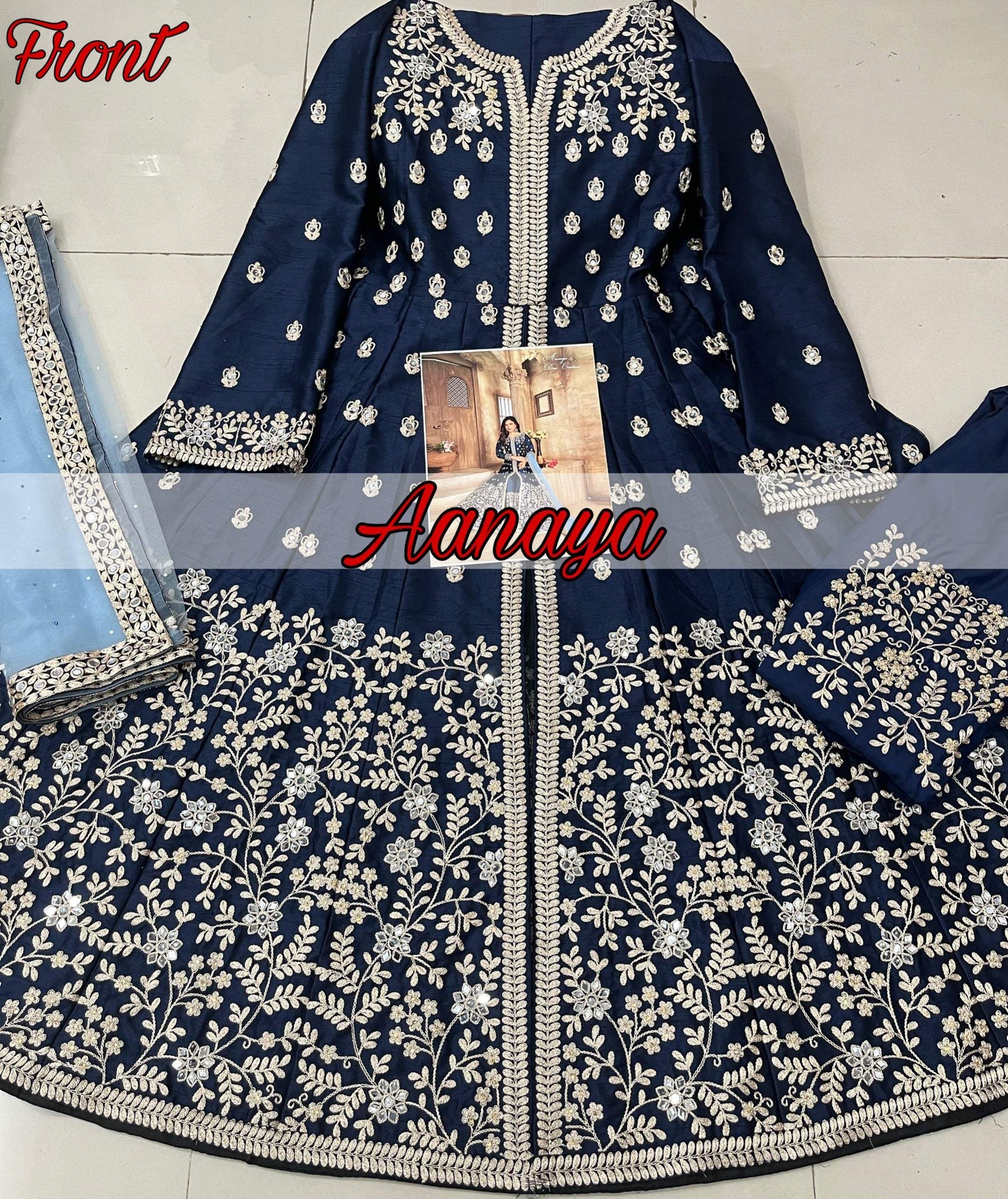 Anaita Navy Blue Embroidered Art Silk Anarkali Suit