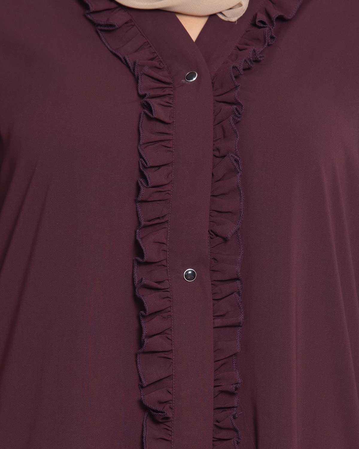 Bashariya Front Open Abaya With Ruffled Panels and Side Pockets - Maroon