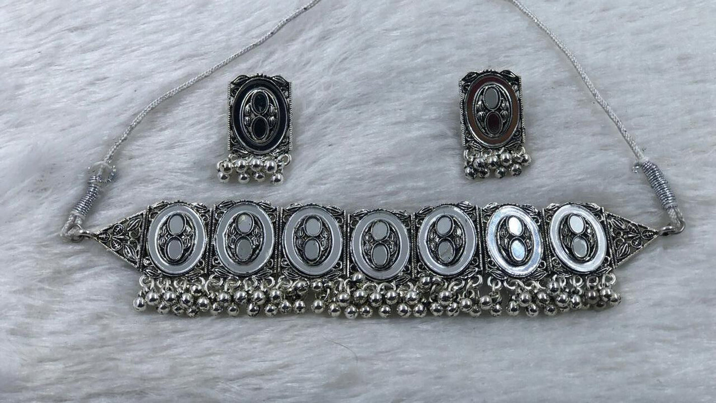 Jewel City Oxidized Silver Mirror Choker Set, Ethnic Jewelry For Women