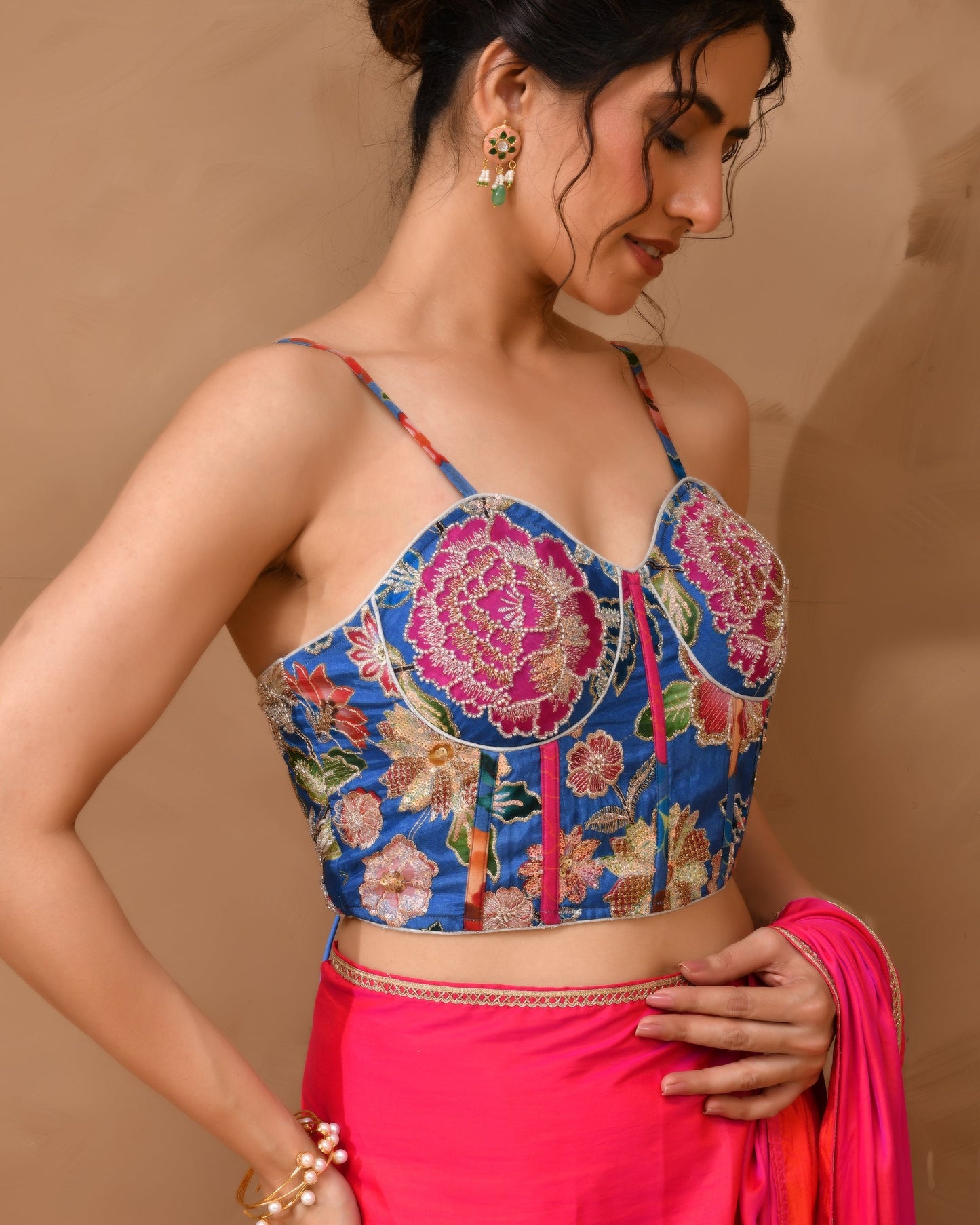 Amodini Designer Studio Women's Organza Floral Handwork Corset Style Blue Blouse