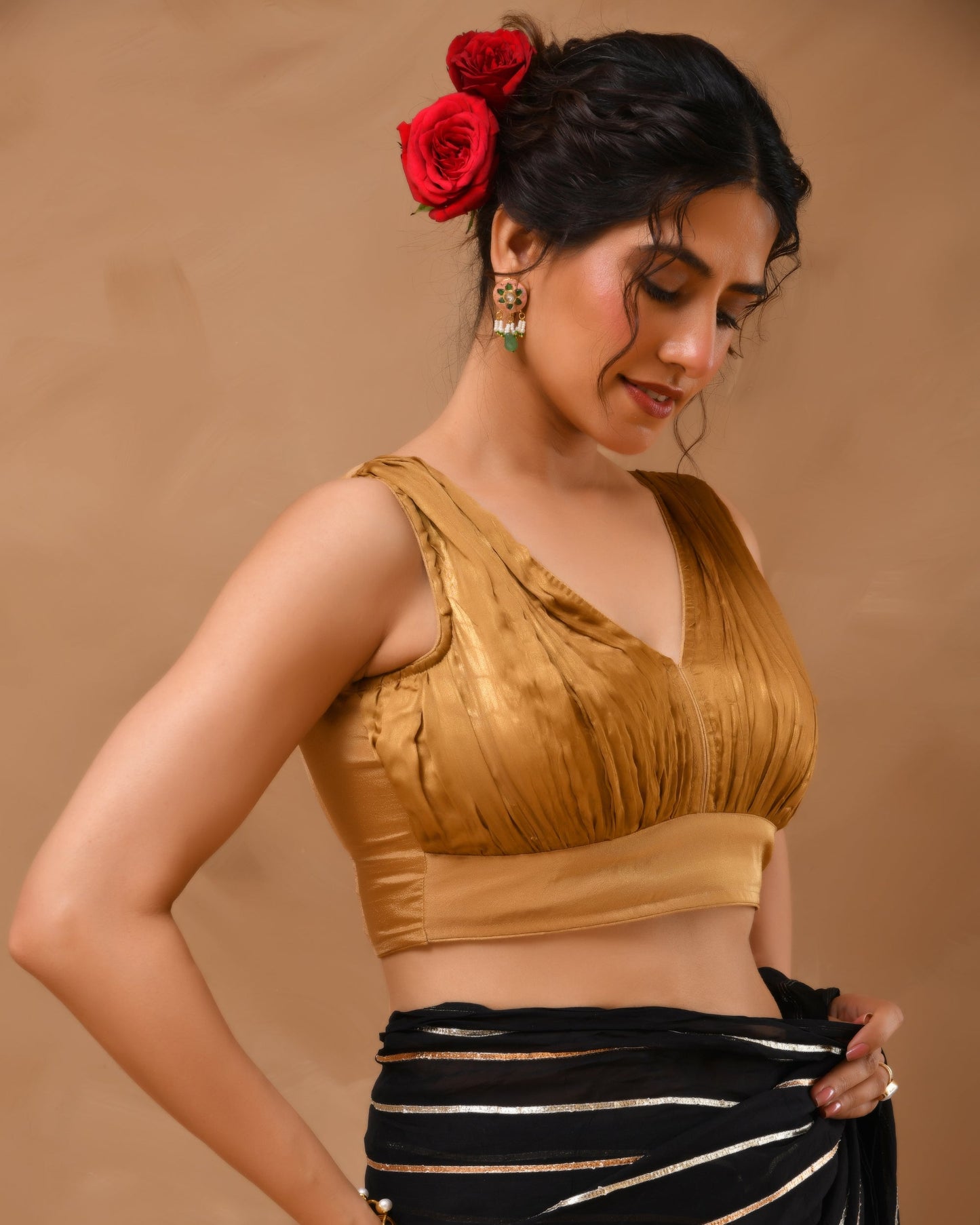 Amodini Designer Studio Women's Dark Gold V neck Wrinkled sleeveless blouse