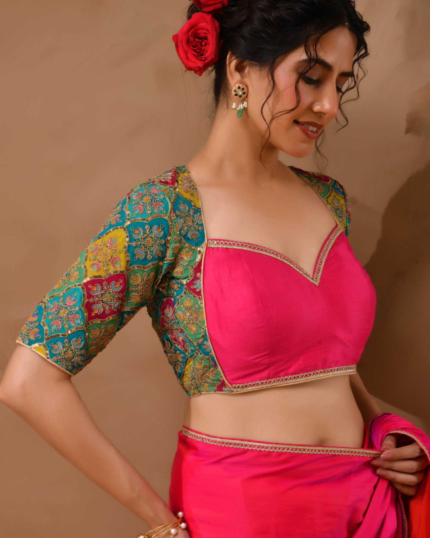 Amodini Designer Studio Women's Madhubala Style Pink Blouse With Sleeves