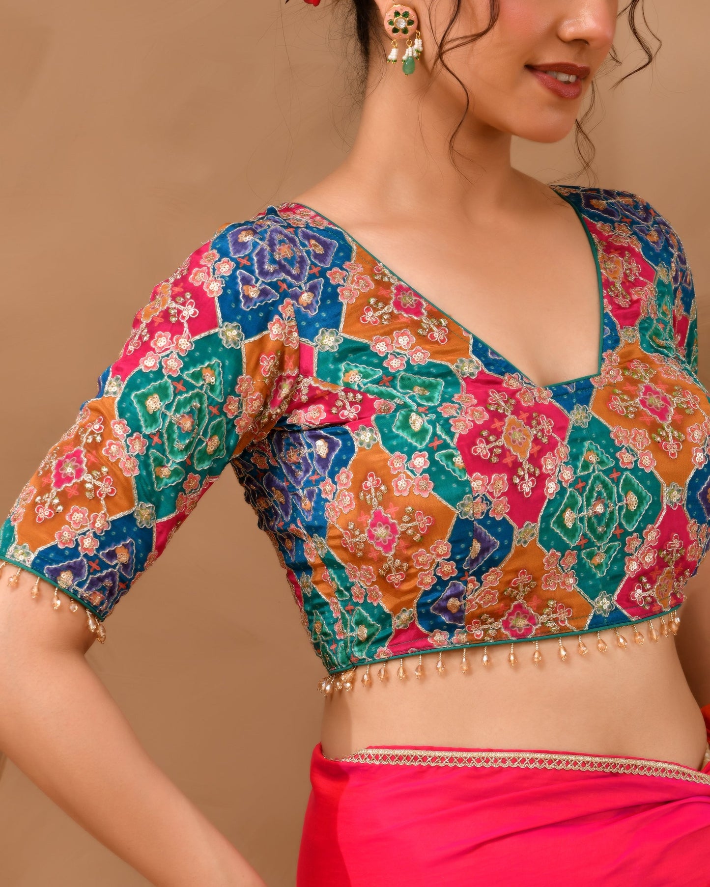 Amodini Designer Studio Women's Multicolored Zari Embroidered Glass Neck Blouse With Sleeves