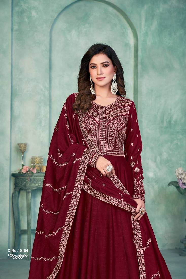 Anaita Maroon Embroidered Art Silk Anarkali Suit