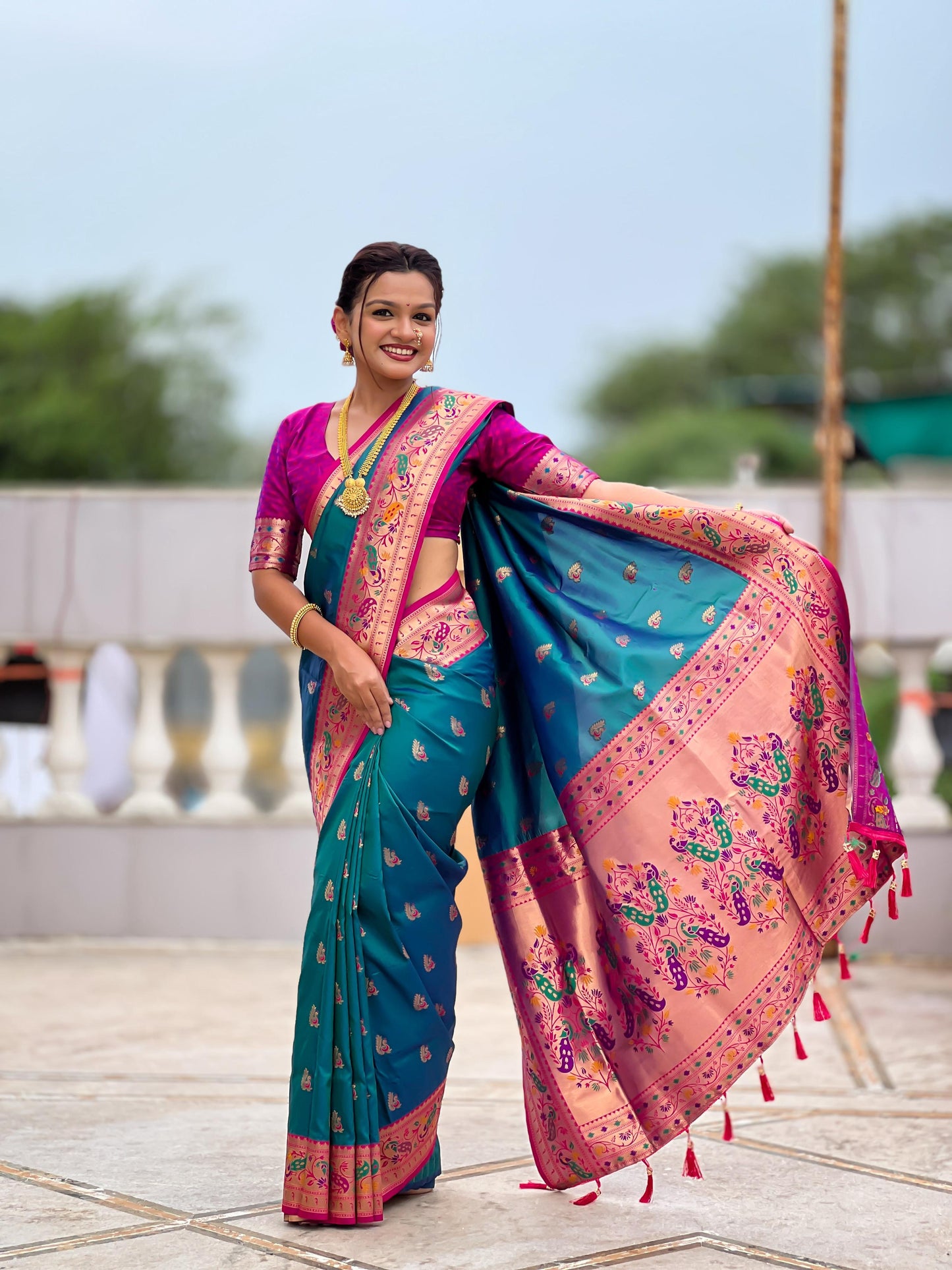 Mameraa Sarees Teal Blue Faux Banarasi Silk Saree With Paithani Rich Weaved Pallu And Blouse-Teal