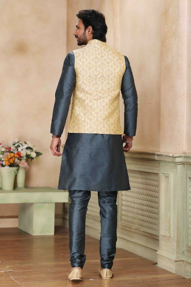 Raivat Ethnic Jacquard Banarasi Silk Woven Work 3 Pics Jacket Set In Beige Colour