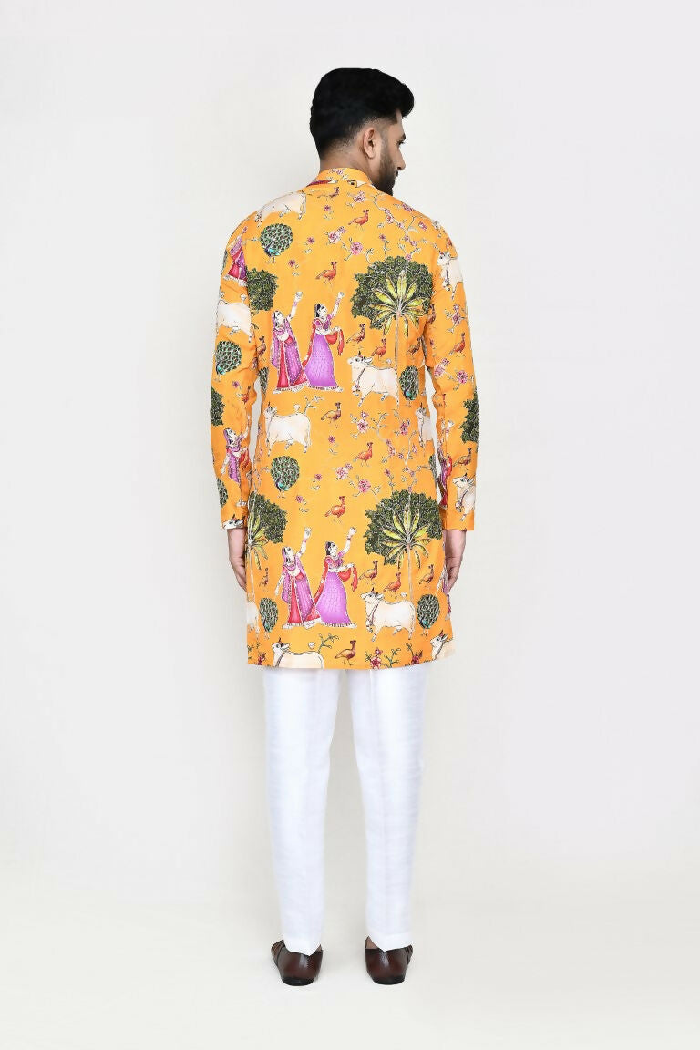 Joban Fashion White Colored Rayon Based With Modal Hand Print Work Fabric Kurta,Straight Fit Pant