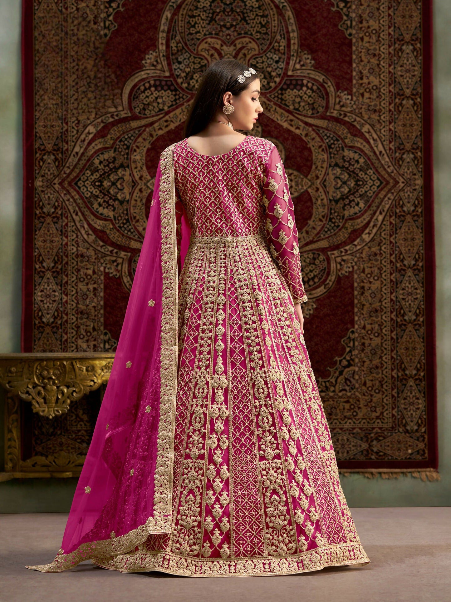 Anaita Rani Pink Embroidered Net Stitched Anarkali Suit