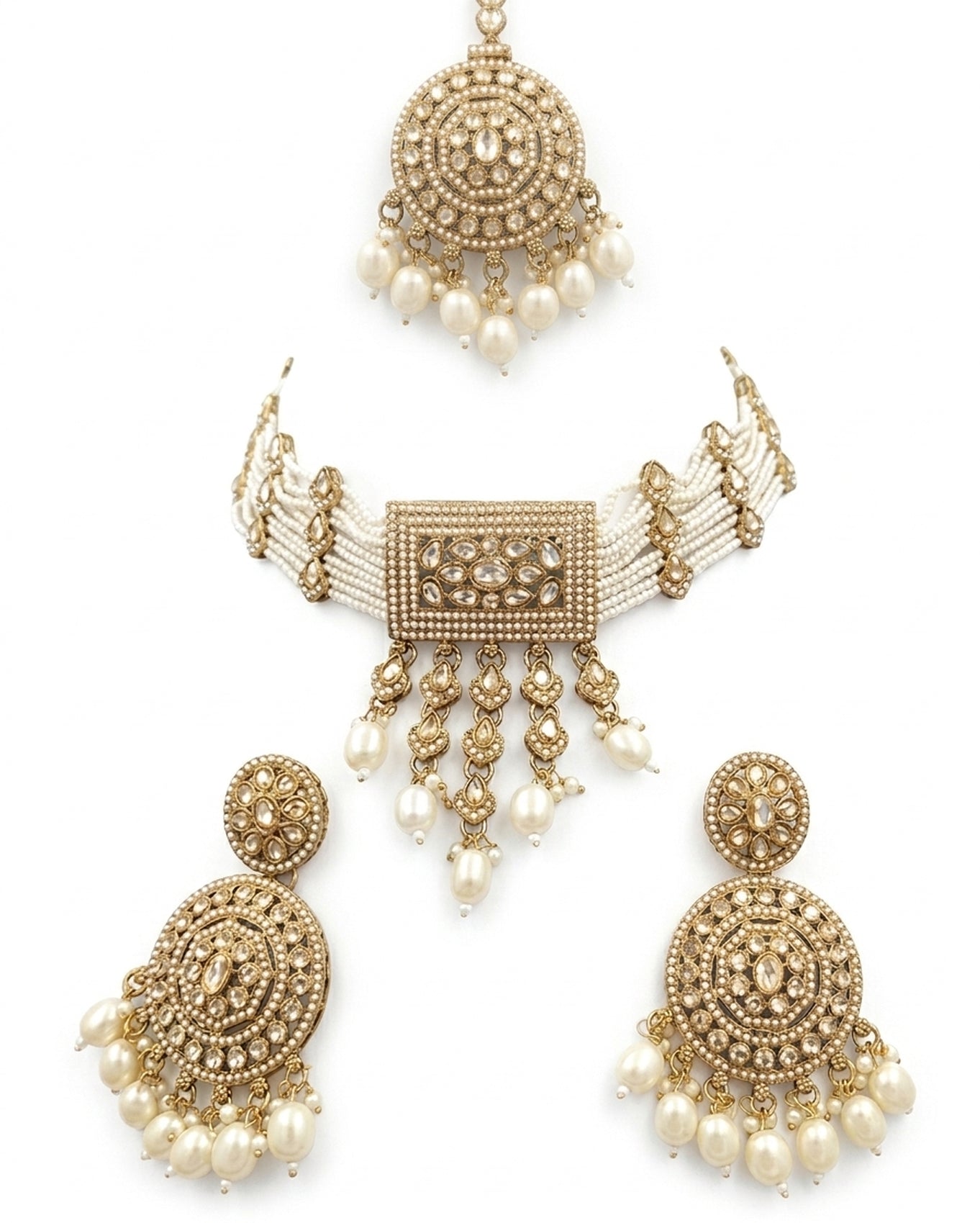 Jewel City Traditional Gold-Plated Pearl Choker Necklace Set with Earrings & Mangtika – Elegant Ethnic Bridal Jewellery