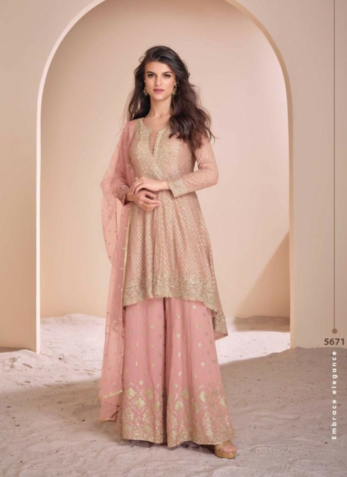 Anaita Peach Georgette Readymade Suit with Codding Dori & Sequence Work