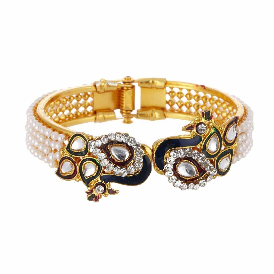 Gold-Polished Alloy Peacock Shape Enamel And Pearl Bangle Set - The Pari