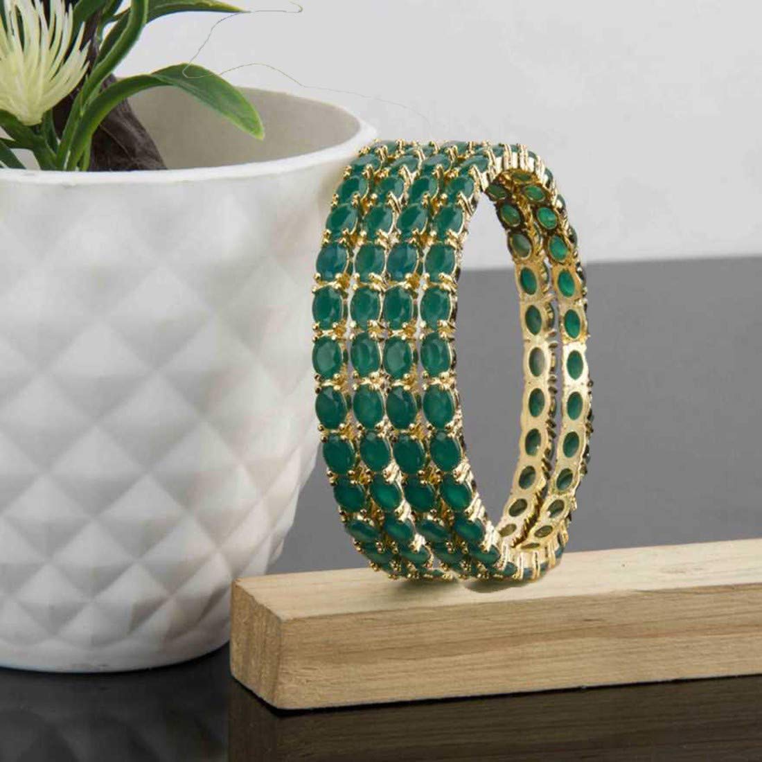Gold-Polished Alloy American Diamond Combo Of Green & Silver Bangles - The Pari