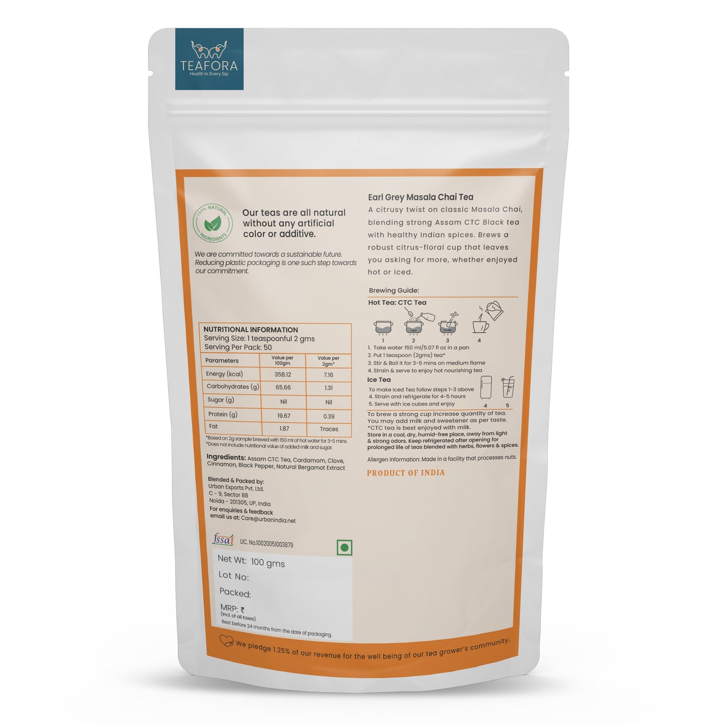 TEAFORA Earl Grey Masala Chai Tea | Spiced Citrus | Blend of Assam CTC, Cardamom, Cinnamon, Black Pepper, Clove, Natural Bergamot Extract | 100% NATURAL