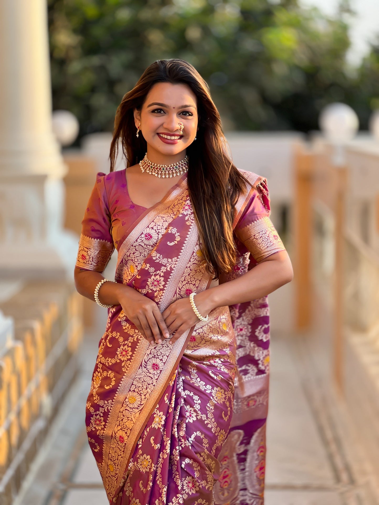 Vedant Vastram Soft Litchi Silk Banarasi Silk Jacquard Saree - Purple