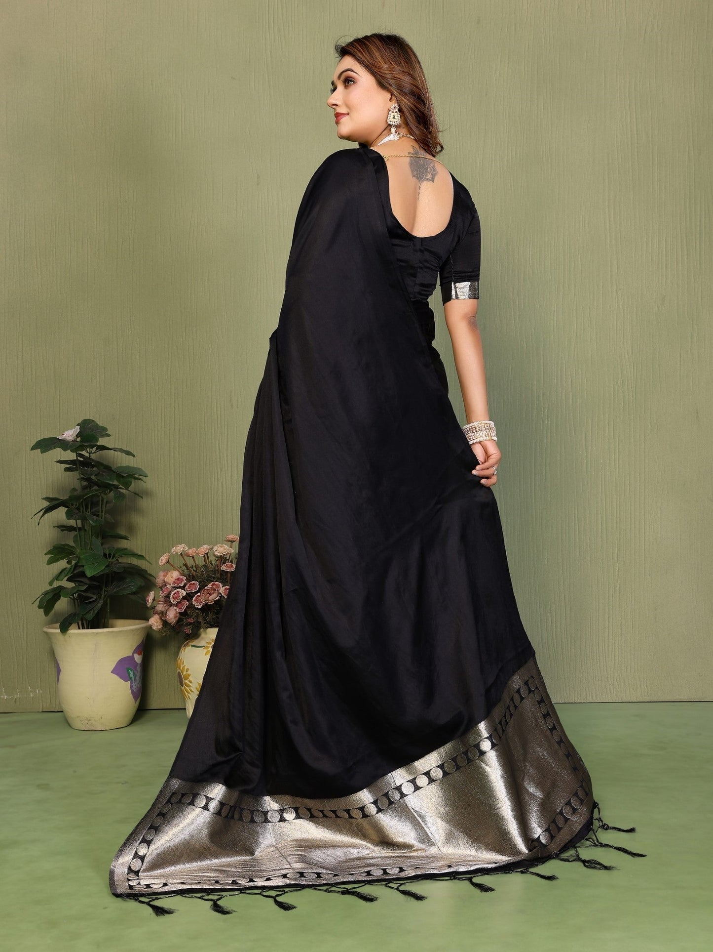 Anaita Black Zari Weaving Work Satin Silk Saree With Blouse