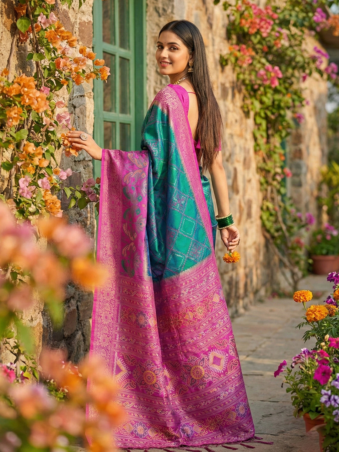 Anaita Blue Pochampally Printed Saree With Blouse