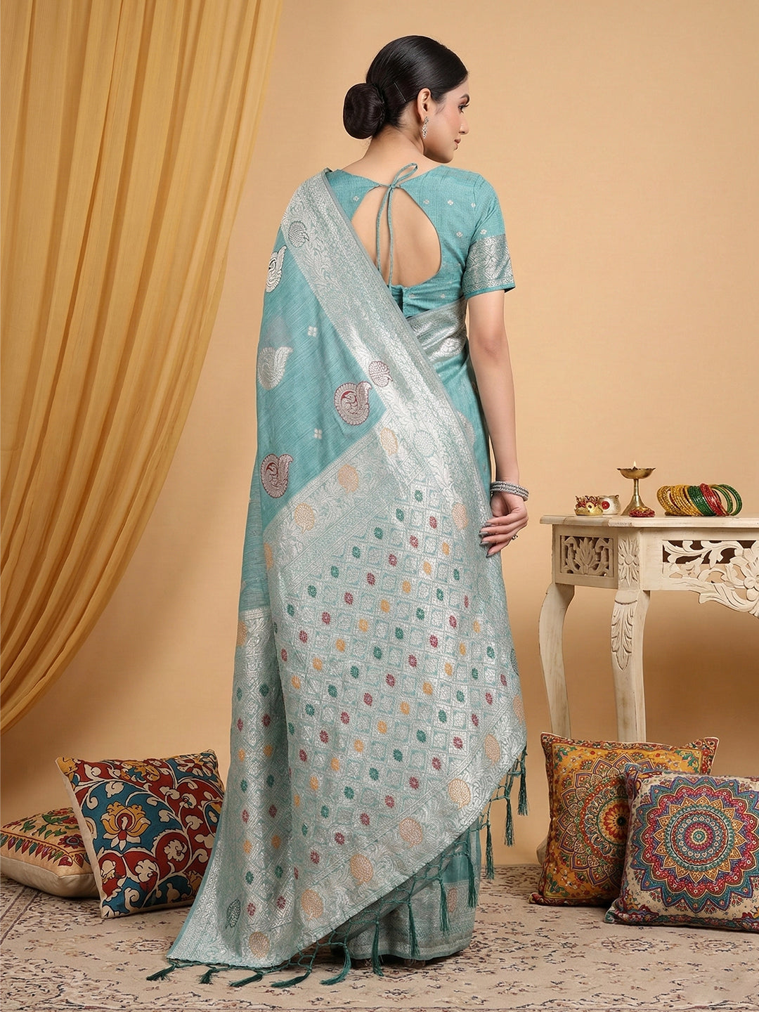Anaita Blue Linen Woven Work Saree With Blouse