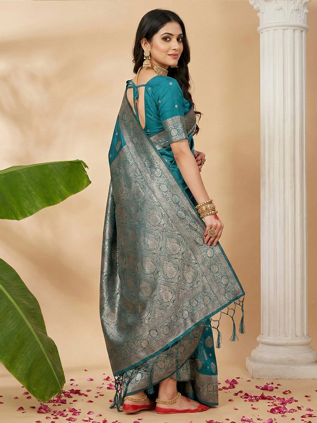 Anaita Blue Silk Blend Woven Saree With Blouse