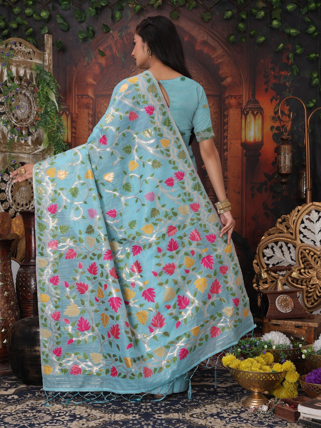 Anaita Blue Linen Printed Saree With Blouse