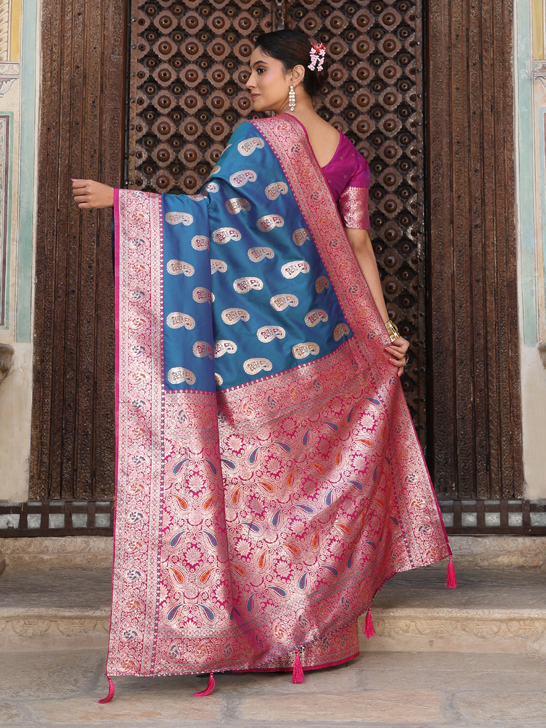 Anaita Blue Silk Woven Saree With Blouse