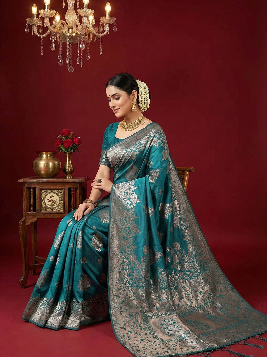 Anaita Blue Silk Blend Woven Saree With Blouse