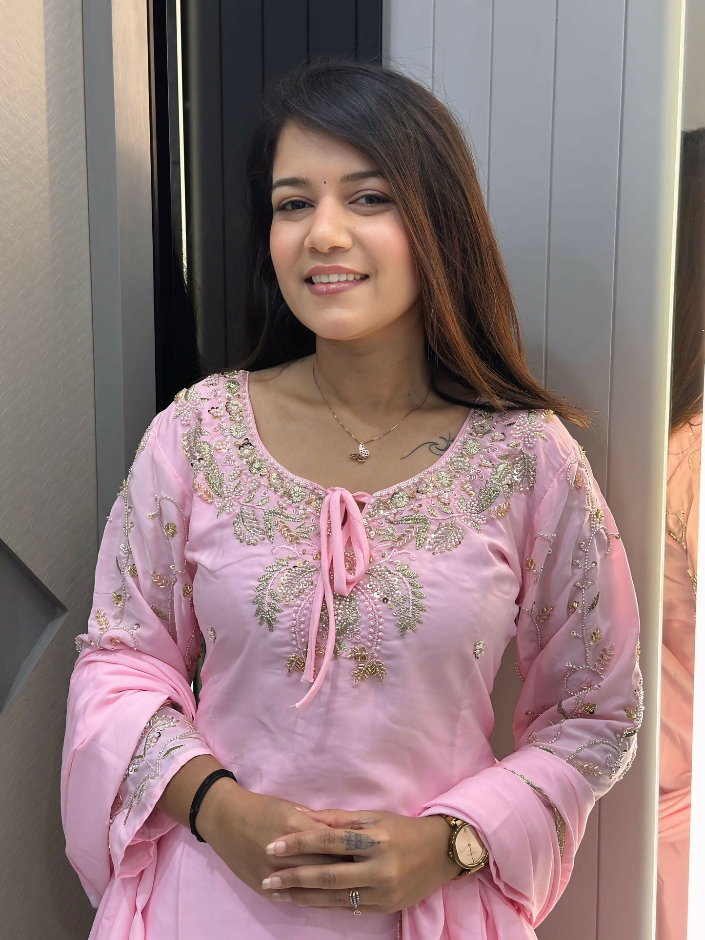 Anaita Peach Crape Readymade Kurti Set with Beads Sequence Work