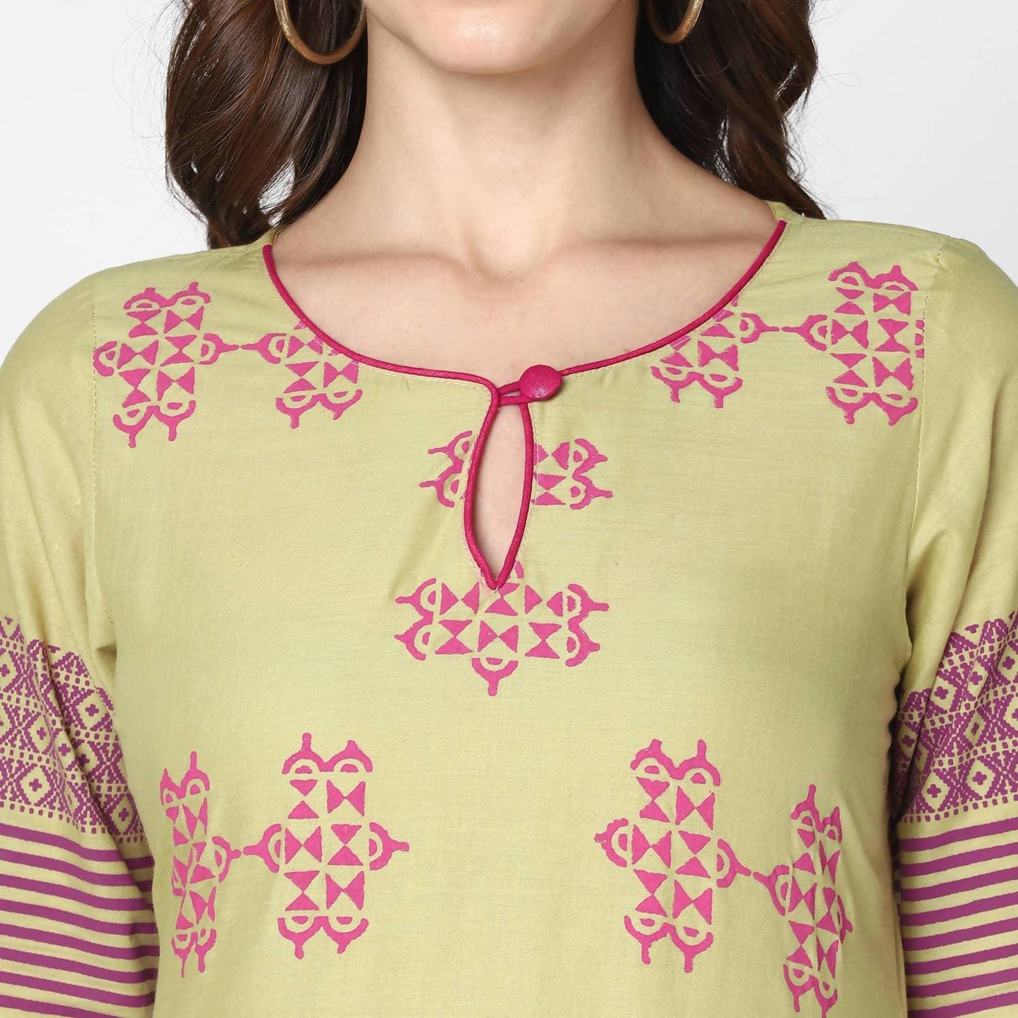 Cheera Hand Block Print Green & Pink Straight Kurta With Palazzo (MAAI-079K)
