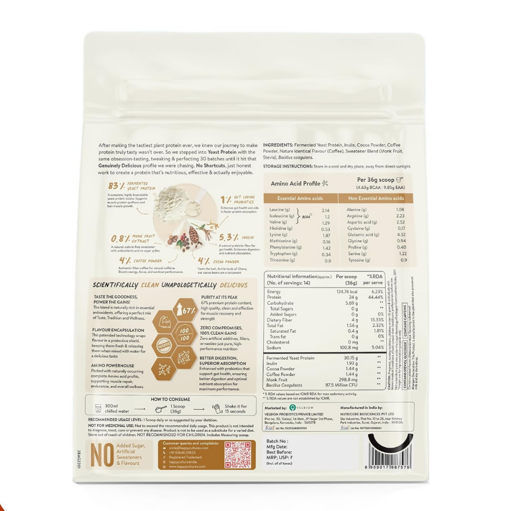 Happy Cultures 24g Tastiest Yeast Protein (Fermented) | Classic Filter Coffee