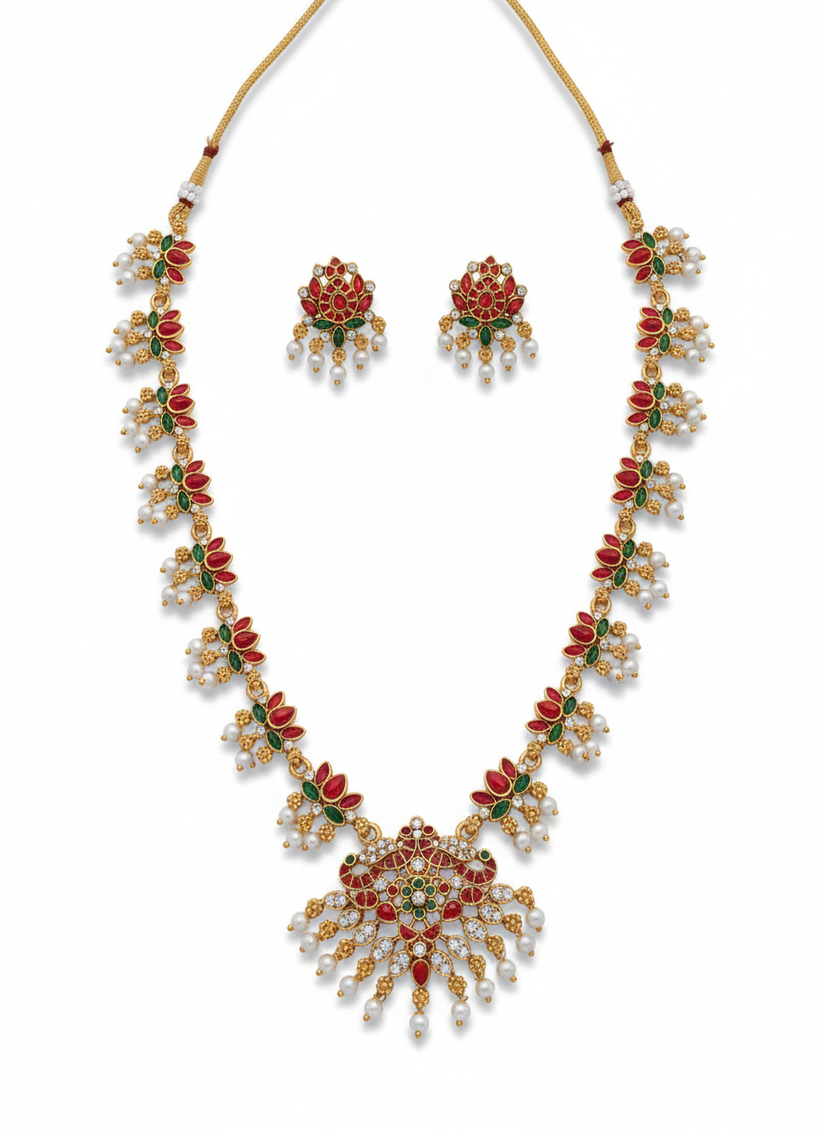 Jewel City Traditional Gold-Plated Red Green Pearl Necklace Set for Women | Ethnic Bridal Jewelry