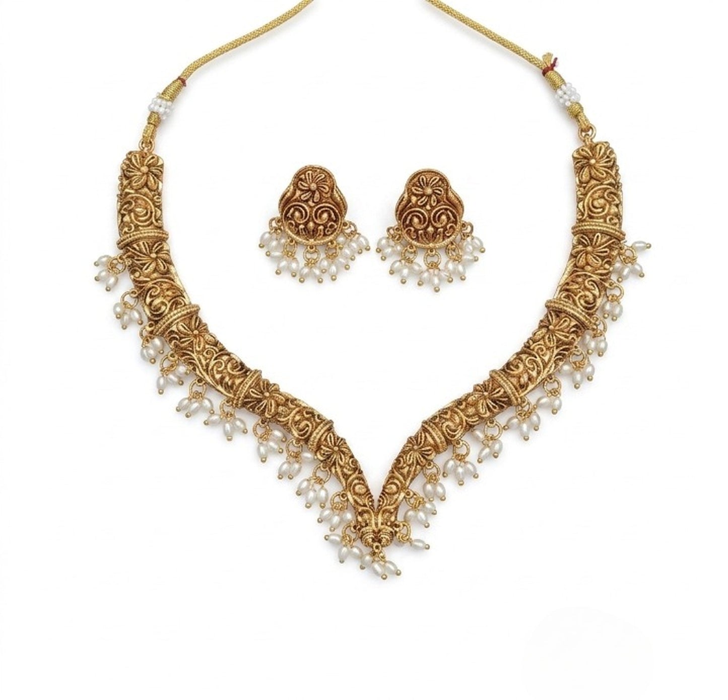 Jewel City Handcrafted Traditional Gold-Plated Choker Necklace Set with Pearl Drops - Ethnic Jewelry for Weddings