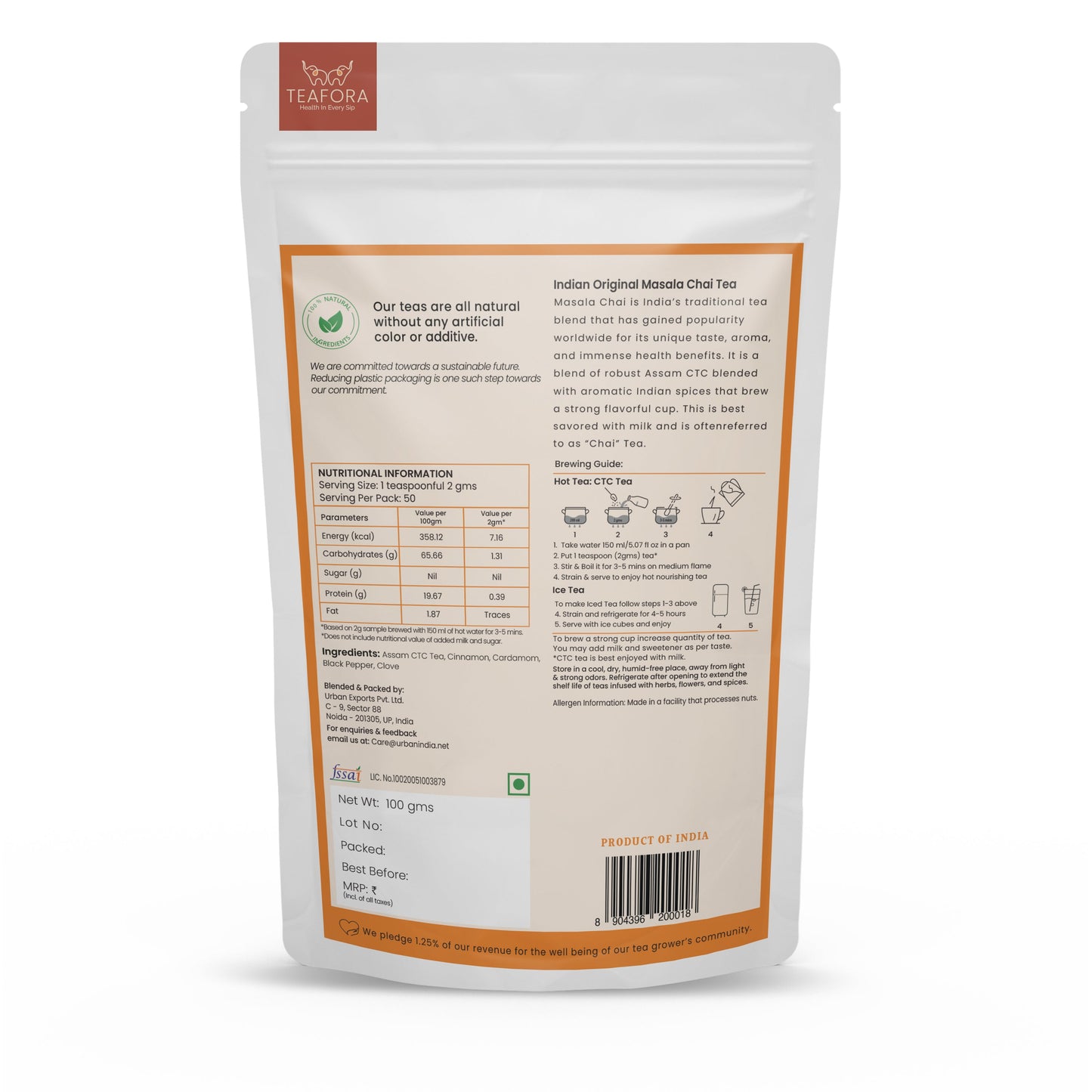TEAFORA Indian Original Masala Chai Tea | Assam CTC Loose Black Tea | Blended with Cinnamon, Cardamom, Black Pepper & Cloves | 100% NATURAL INGREDIENTS