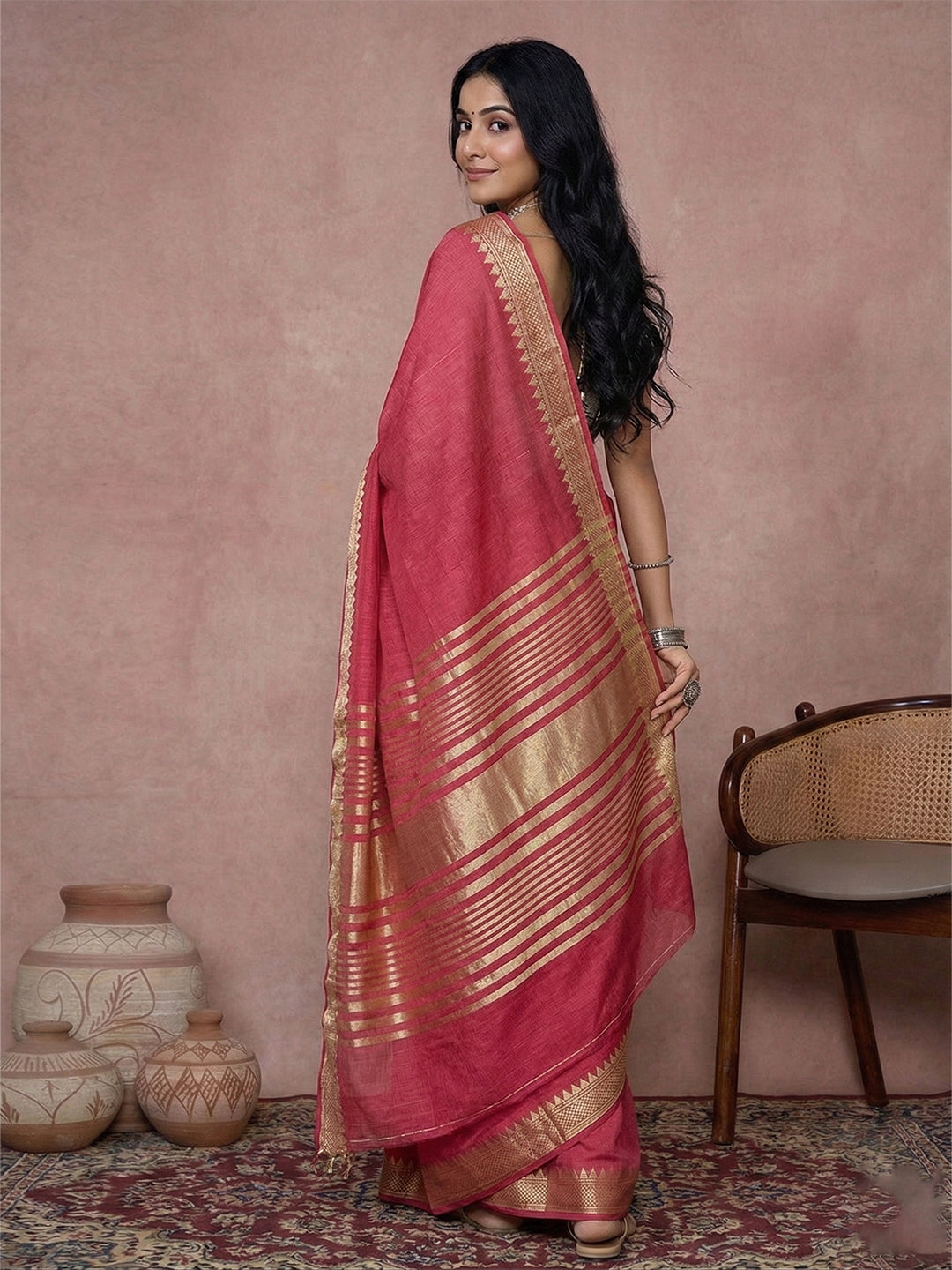 Anaita Coral Cotton Saree With Blouse