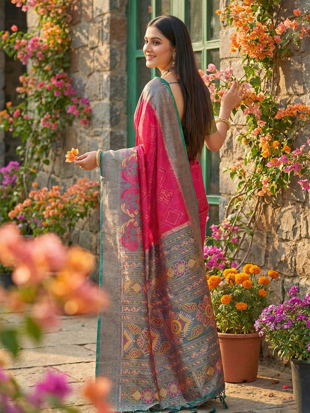 Anaita Coral Pochampally Printed Saree With Blouse