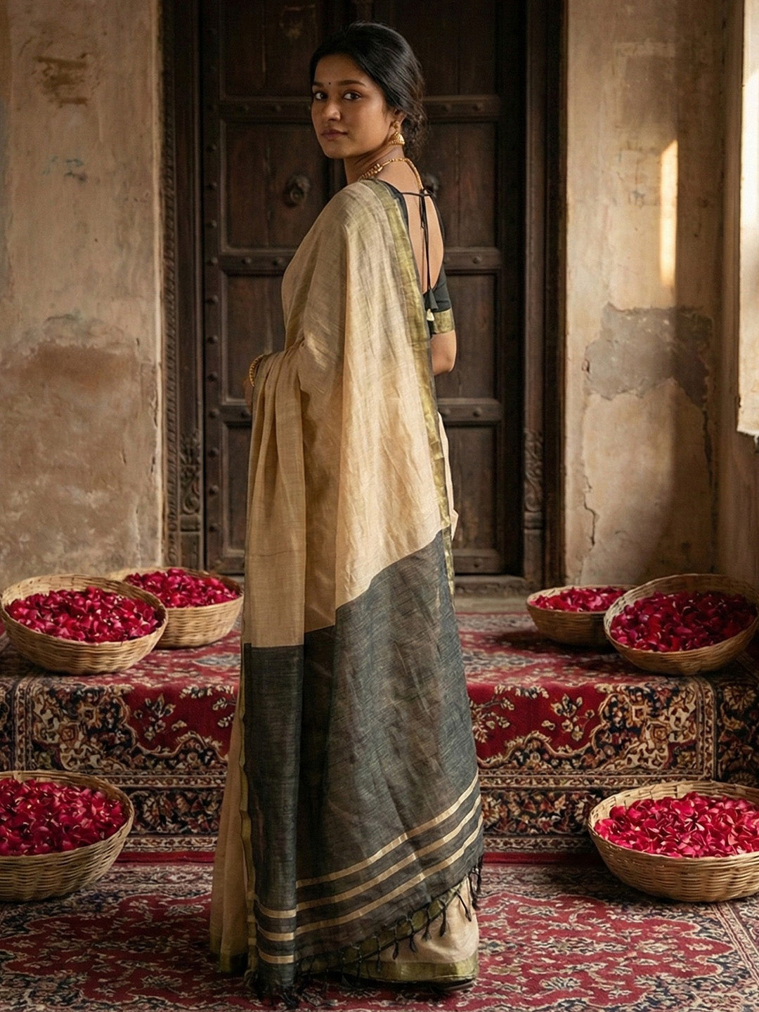 Anaita Cream Cotton Printed Saree With Blouse