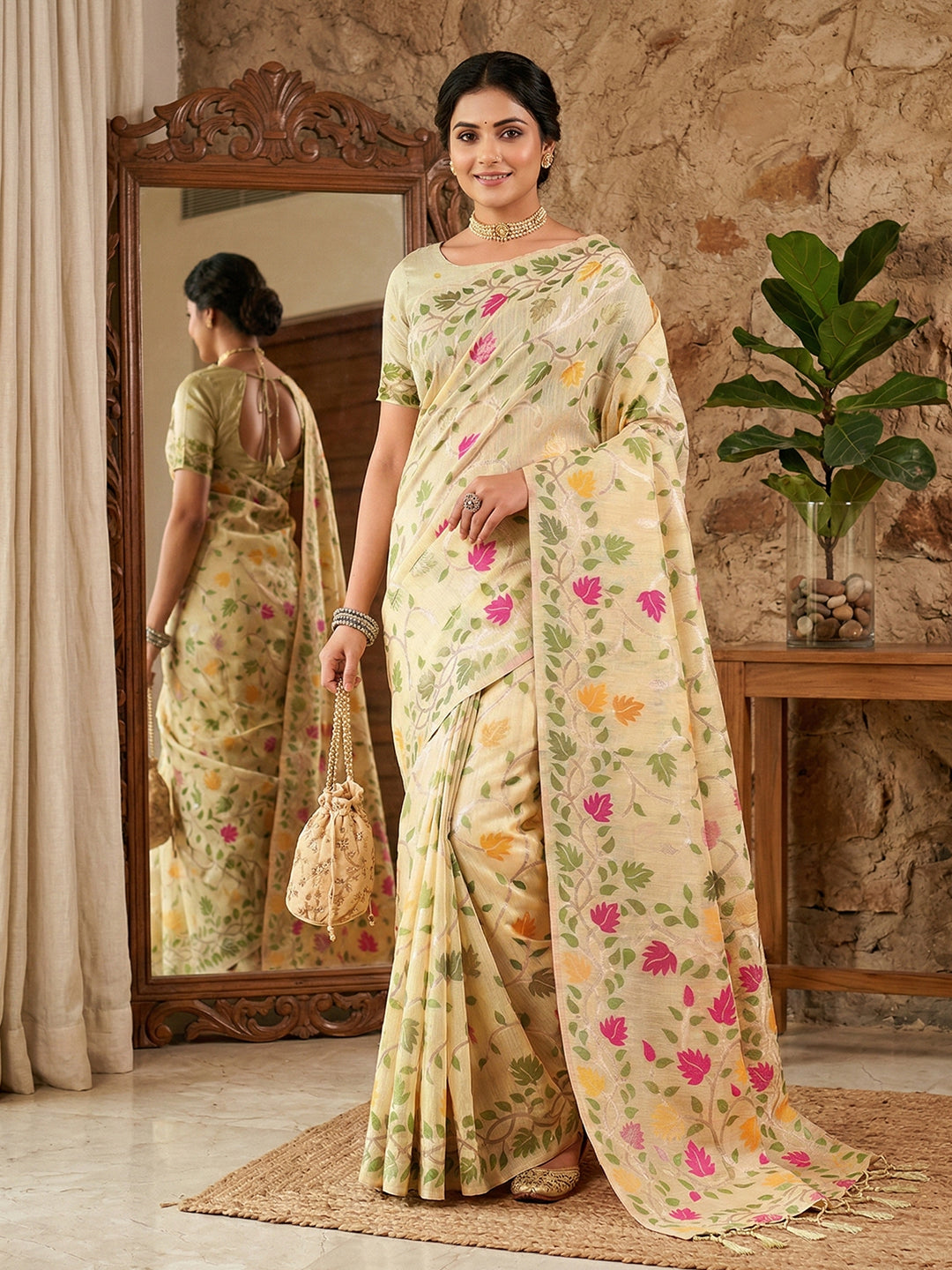 Anaita Cream Linen Woven Work Saree With Blouse