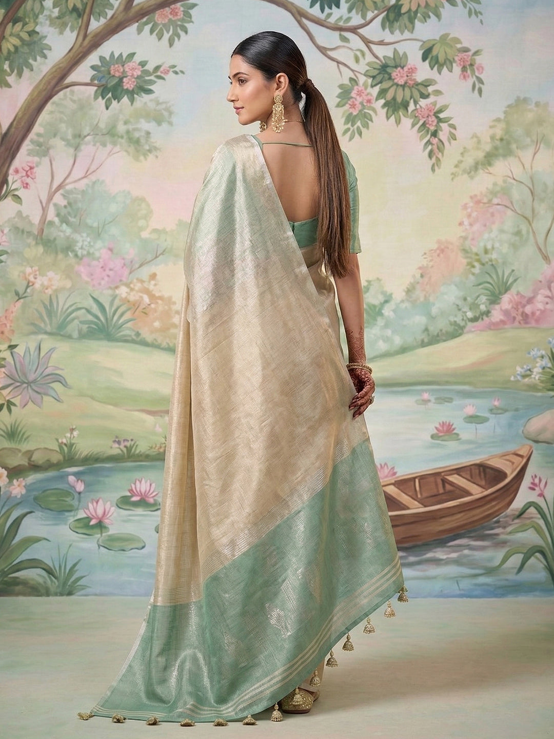 Anaita Cream Tissue Saree With Blouse