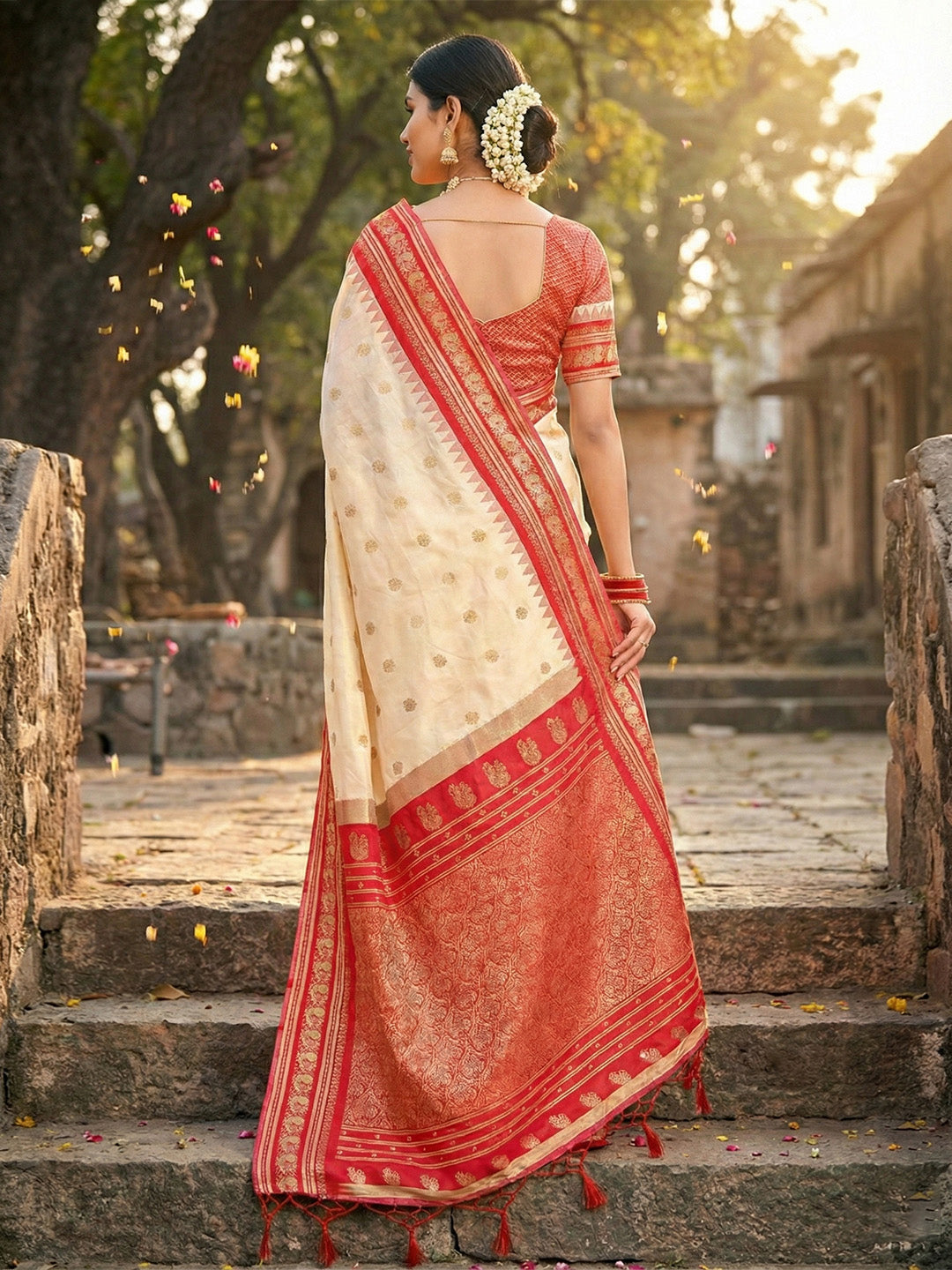 Anaita Cream Silk Woven Saree With Blouse