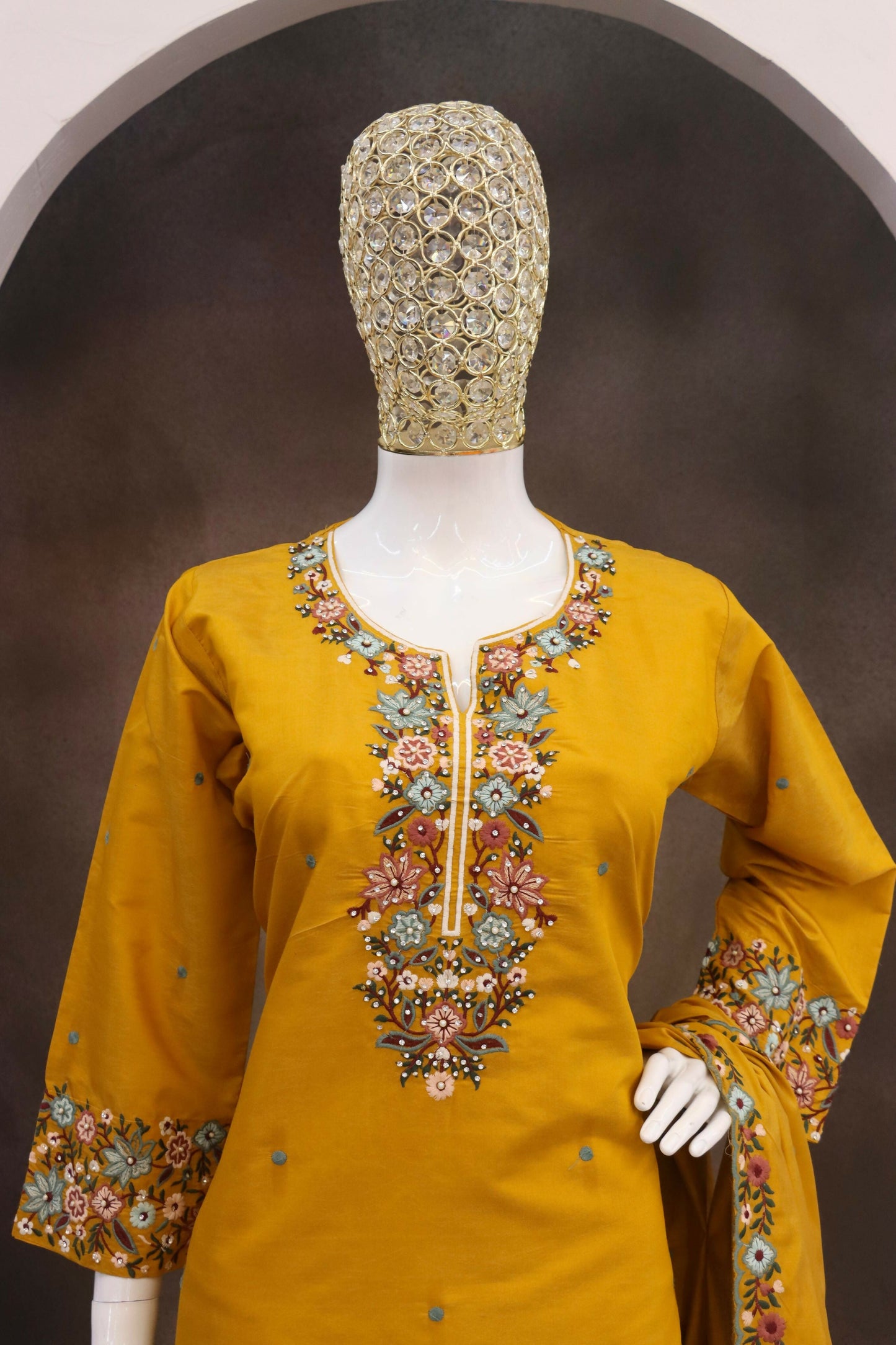 Anaita Mustard Simar with Embroidery Multi & Zarkhan Work Readymade Palazzo suit